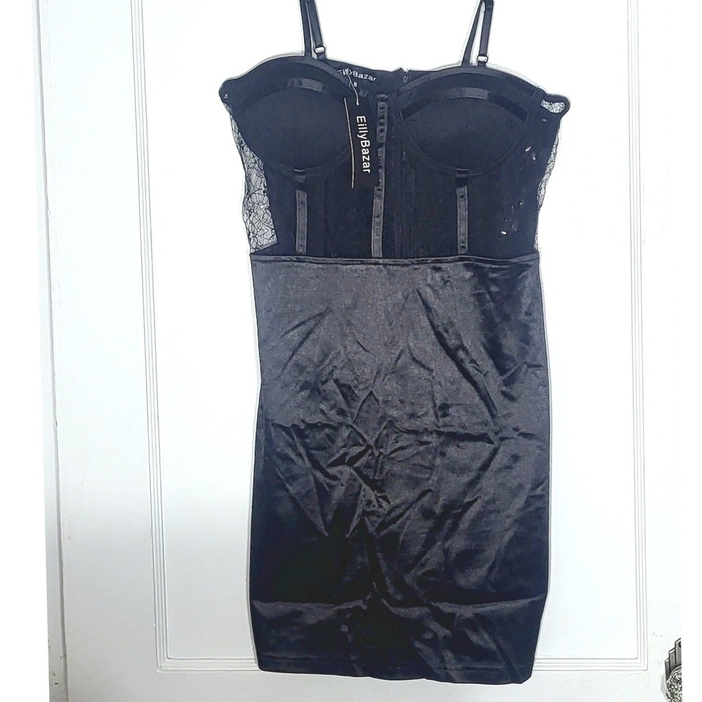 EillyBazar Black Corset Satin Mini Dress Lace Panels Padded Cups Size M NWT